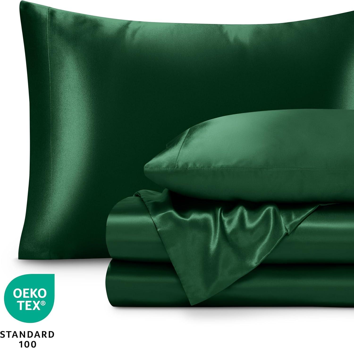 imageBare Home King Poly Satin Sheet Set  Luxury Soft and Smooth Satin  for Hair and Skin  Breathable  Similar to Silk  Deep Pocket up to 15  Bedding Sheet Set King Grey06  Forest Green
