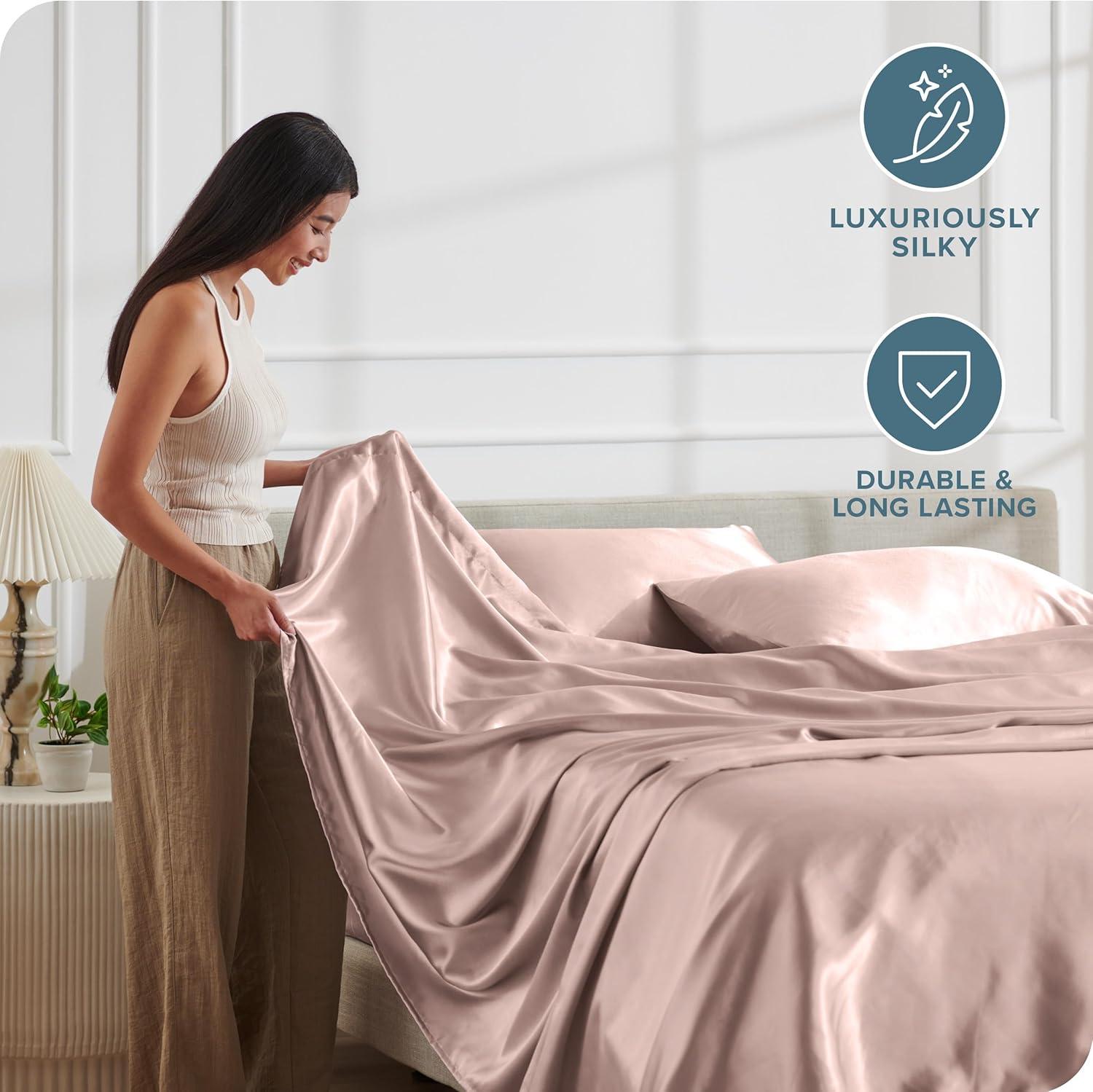 imageBare Home King Poly Satin Sheet Set  Luxury Soft and Smooth Satin  for Hair and Skin  Breathable  Similar to Silk  Deep Pocket up to 15  Bedding Sheet Set King Grey05  Blush