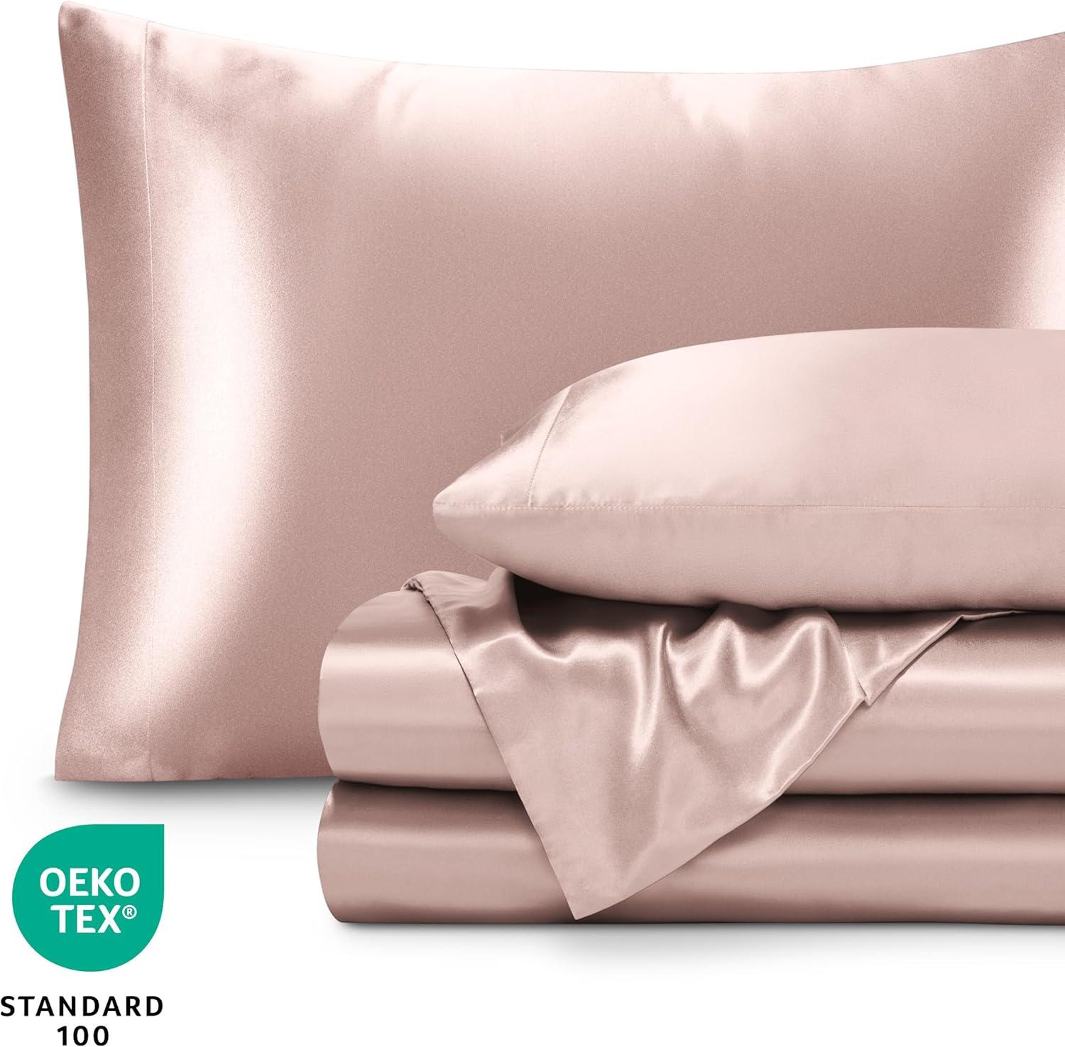 imageBare Home King Poly Satin Sheet Set  Luxury Soft and Smooth Satin  for Hair and Skin  Breathable  Similar to Silk  Deep Pocket up to 15  Bedding Sheet Set King Grey05  Blush