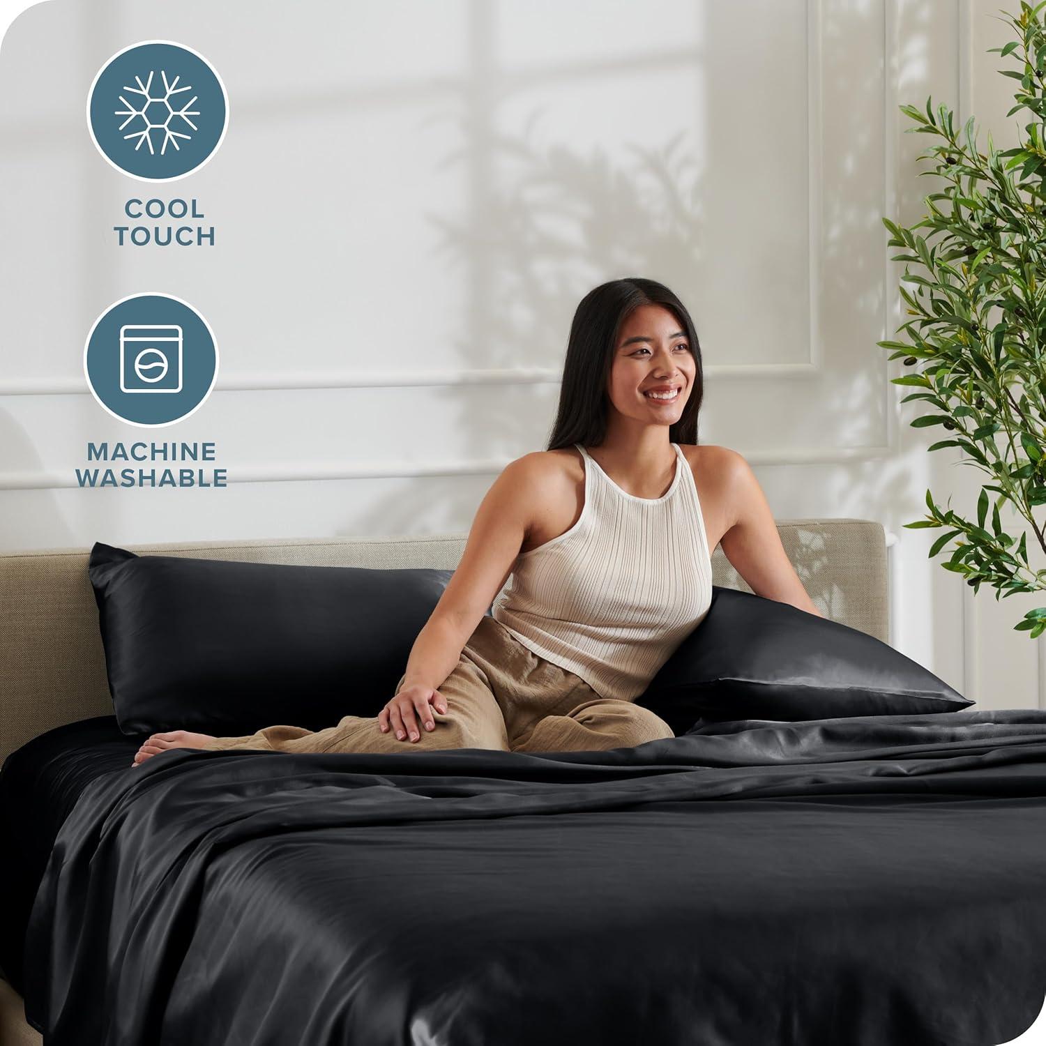 imageBare Home King Poly Satin Sheet Set  Luxury Soft and Smooth Satin  for Hair and Skin  Breathable  Similar to Silk  Deep Pocket up to 15  Bedding Sheet Set King Grey02  Black