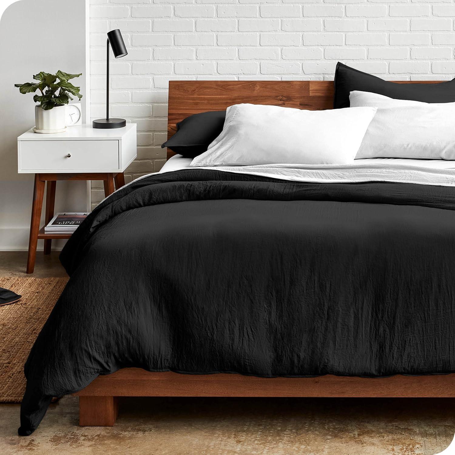 imageBare Home Sandwashed Duvet Set with Microplush Fleece Blanket Bundle Queen Black