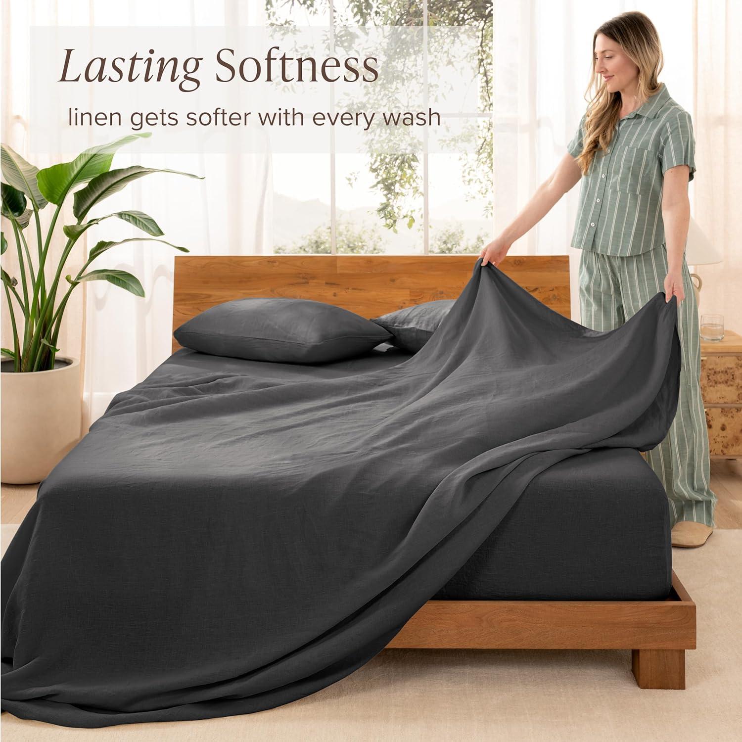 imageBare Home Split King Sheet Set  Luxury 100 Linen Bed Sheets  Deep Pockets  Easy Fit  5 Piece Set  Bedding Sheets ampamp Pillowcases Split King Soft WhiteDark Grey