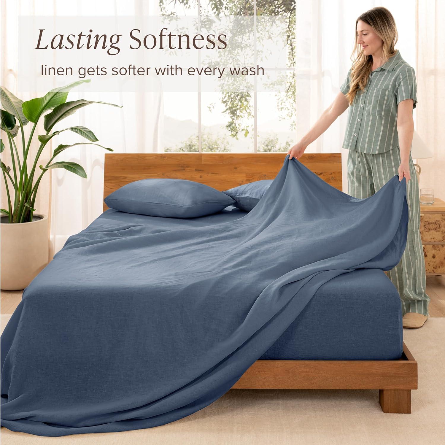 imageBare Home Split King Sheet Set  Luxury 100 Linen Bed Sheets  Deep Pockets  Easy Fit  5 Piece Set  Bedding Sheets ampamp Pillowcases Split King Soft WhiteIndigo