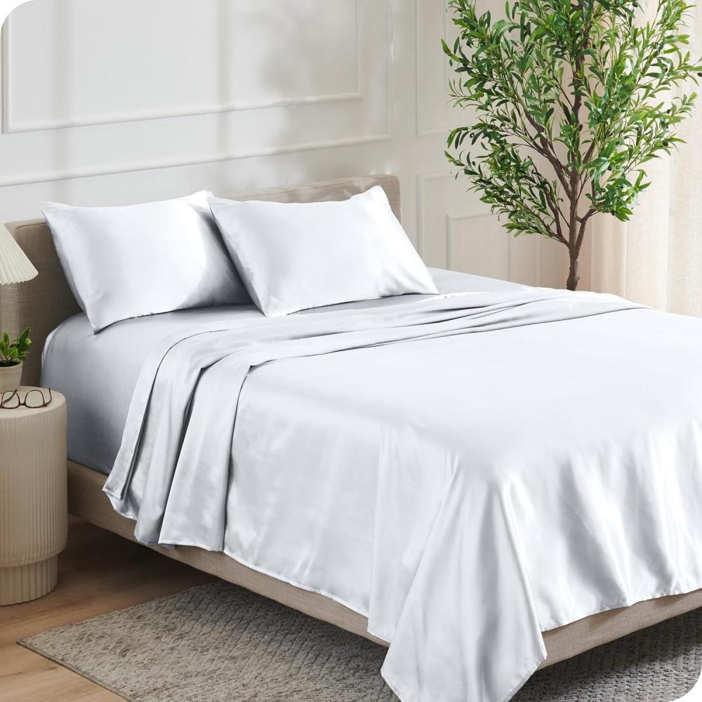 imageBare Home King Poly Satin Sheet Set  Luxury Soft and Smooth Satin  for Hair and Skin  Breathable  Similar to Silk  Deep Pocket up to 15  Bedding Sheet Set King Grey01  White