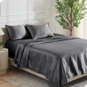 imageBare Home King Poly Satin Sheet Set  Luxury Soft and Smooth Satin  for Hair and Skin  Breathable  Similar to Silk  Deep Pocket up to 15  Bedding Sheet Set King Grey03  Grey