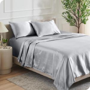 imageBare Home King Poly Satin Sheet Set  Luxury Soft and Smooth Satin  for Hair and Skin  Breathable  Similar to Silk  Deep Pocket up to 15  Bedding Sheet Set King Grey04  Silver