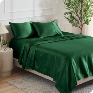 imageBare Home King Poly Satin Sheet Set  Luxury Soft and Smooth Satin  for Hair and Skin  Breathable  Similar to Silk  Deep Pocket up to 15  Bedding Sheet Set King Grey06  Forest Green