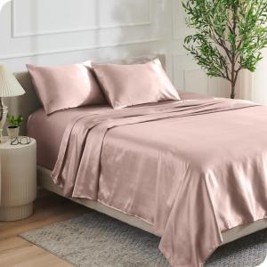 imageBare Home King Poly Satin Sheet Set  Luxury Soft and Smooth Satin  for Hair and Skin  Breathable  Similar to Silk  Deep Pocket up to 15  Bedding Sheet Set King Grey05  Blush