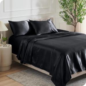imageBare Home King Poly Satin Sheet Set  Luxury Soft and Smooth Satin  for Hair and Skin  Breathable  Similar to Silk  Deep Pocket up to 15  Bedding Sheet Set King Grey02  Black