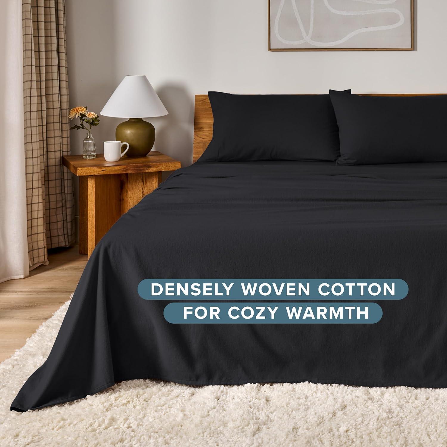 imageBare Home Twin Flannel Sheet Set 100 Cotton Velvety Soft Heavyweight  Double Brushed Flannel  Deep Pocket Twin Black