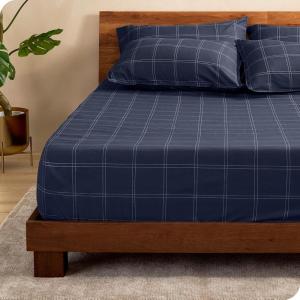 imageBare Home Fitted Bottom Sheet Queen  Premium 1800 Microfiber  UltraSoft Wrinkle Free  Deep Pocket  Fitted Sheet Queen Light Grey38  Modern Plaid  Midnight BlueWhite