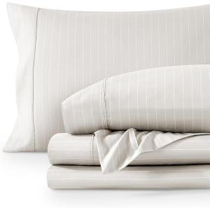 imageBare Home Twin XL Sheet Set  1800 UltraSoft Microfiber Twin Extra Long Sheets  Double Brushed  Deep Pockets  Easy Fit  Soft  3 Piece Set  Bed Sheets Twin XL Heathered Dark Blue28  Pinstripe  StoneWhite