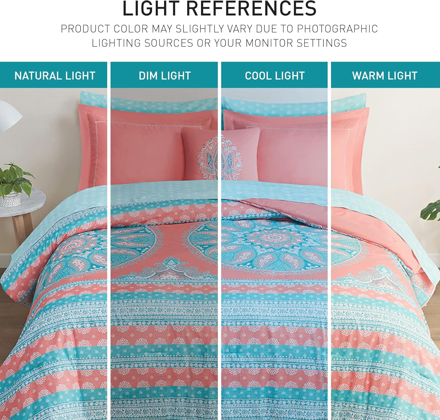 Degrees of Comfort Bed in A Bag Queen Size Boho Mandala 8 Piece Complete Comforter Sets with Sheet for Women Microfiber Bohemian Colorful Bedding Set Matching Decorative Pillow CoralCoral