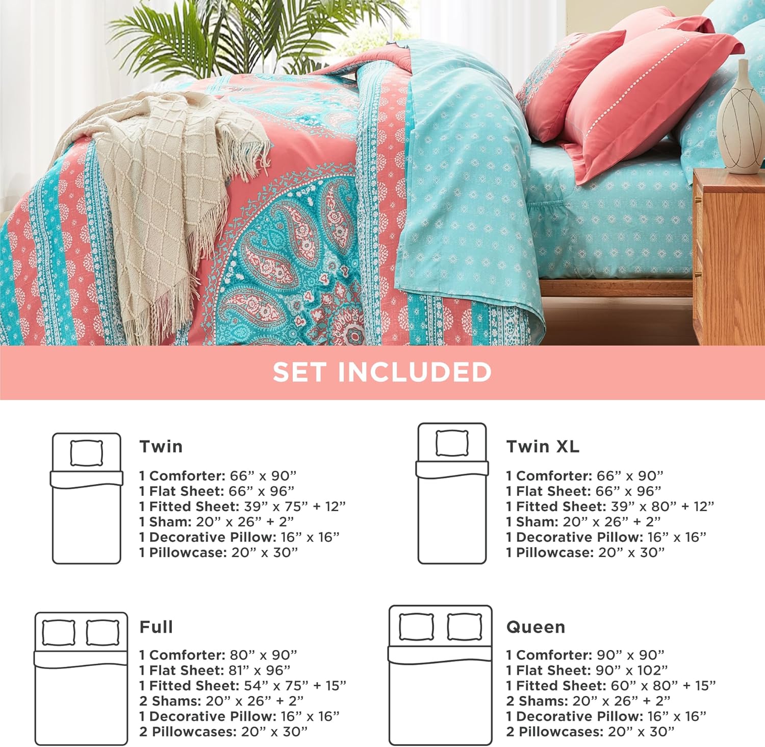Degrees of Comfort Bed in A Bag Queen Size Boho Mandala 8 Piece Complete Comforter Sets with Sheet for Women Microfiber Bohemian Colorful Bedding Set Matching Decorative Pillow CoralCoral