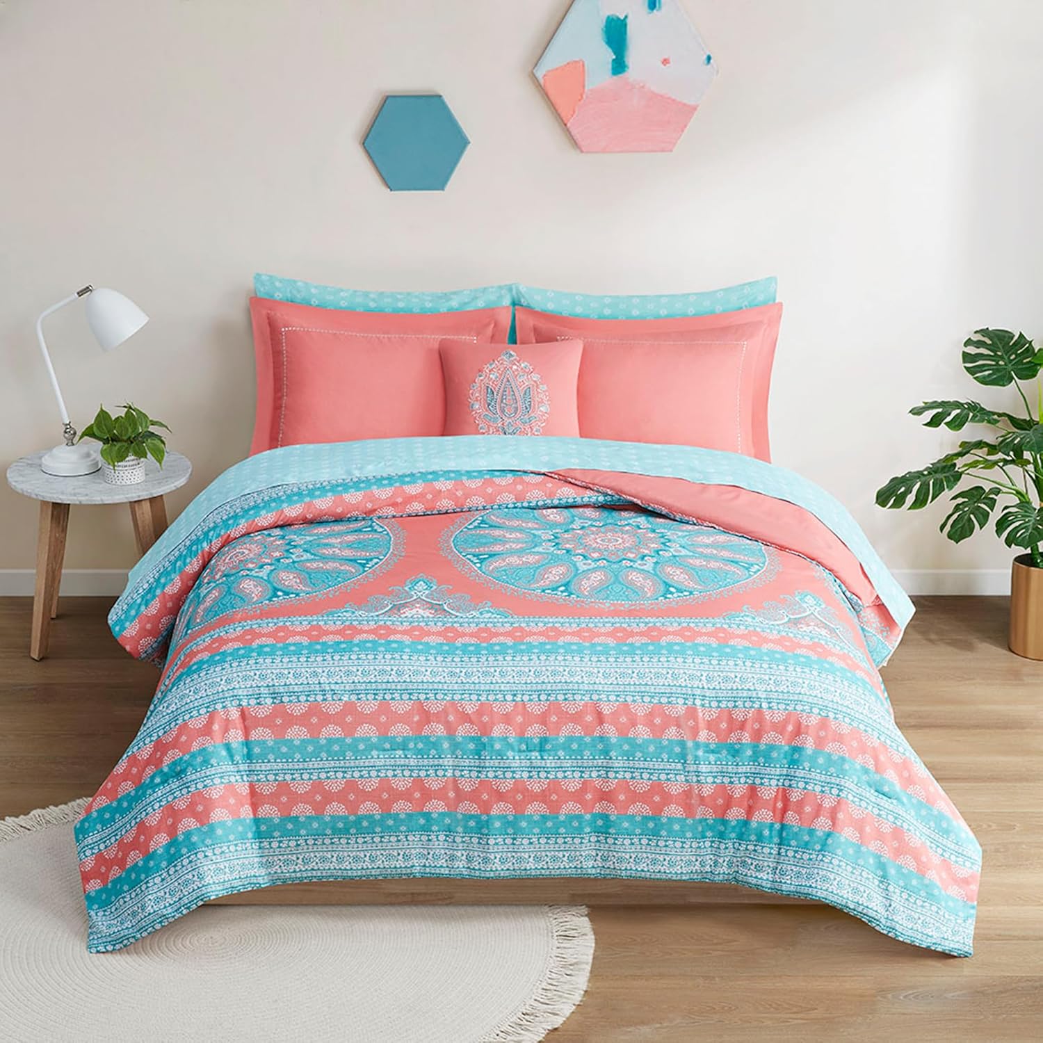 Degrees of Comfort Bed in A Bag Queen Size Boho Mandala 8 Piece Complete Comforter Sets with Sheet for Women Microfiber Bohemian Colorful Bedding Set Matching Decorative Pillow CoralCoral