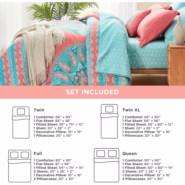 Degrees of Comfort Bed in A Bag Queen Size Boho Mandala 8 Piece Complete Comforter Sets with Sheet for Women Microfiber Bohemian Colorful Bedding Set Matching Decorative Pillow CoralCoral