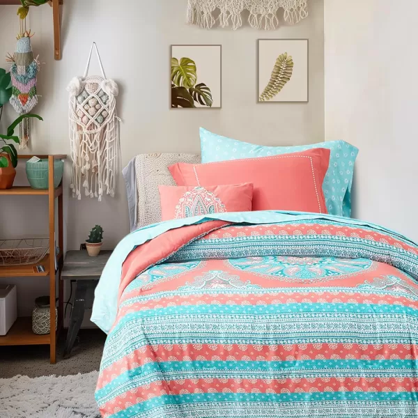 Degrees of Comfort Bed in A Bag Queen Size Boho Mandala 8 Piece Complete Comforter Sets with Sheet for Women Microfiber Bohemian Colorful Bedding Set Matching Decorative Pillow CoralCoral