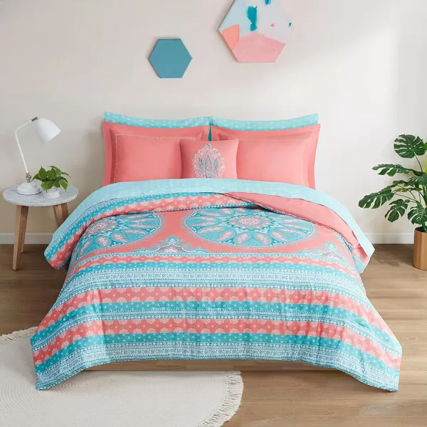 Degrees of Comfort Bed in A Bag Queen Size Boho Mandala 8 Piece Complete Comforter Sets with Sheet for Women Microfiber Bohemian Colorful Bedding Set Matching Decorative Pillow CoralCoral