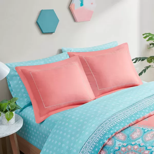 Degrees of Comfort Bed in A Bag Queen Size Boho Mandala 8 Piece Complete Comforter Sets with Sheet for Women Microfiber Bohemian Colorful Bedding Set Matching Decorative Pillow CoralCoral