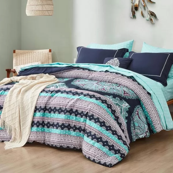 Degrees of Comfort Bed in A Bag Queen Size Boho Mandala 8 Piece Complete Comforter Sets with Sheet for Women Microfiber Bohemian Colorful Bedding Set Matching Decorative Pillow CoralNavy