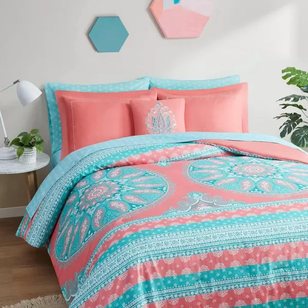 Degrees of Comfort Bed in A Bag Queen Size Boho Mandala 8 Piece Complete Comforter Sets with Sheet for Women Microfiber Bohemian Colorful Bedding Set Matching Decorative Pillow CoralCoral