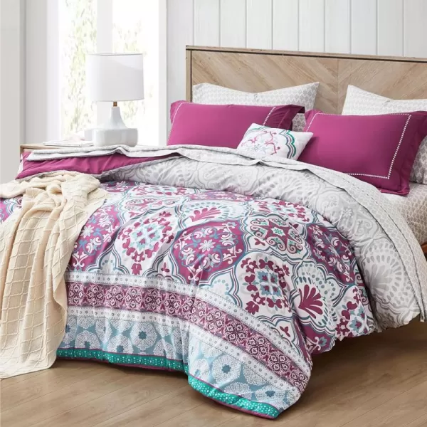 Degrees of Comfort Bed in A Bag Queen Size Boho Mandala 8 Piece Complete Comforter Sets with Sheet for Women Microfiber Bohemian Colorful Bedding Set Matching Decorative Pillow CoralPurple