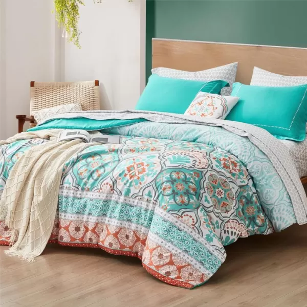 Degrees of Comfort Bed in A Bag Queen Size Boho Mandala 8 Piece Complete Comforter Sets with Sheet for Women Microfiber Bohemian Colorful Bedding Set Matching Decorative Pillow CoralAqua