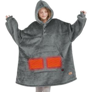 imageDegrees of Comfort Heated Wearable Blanket Cordless Electric Heating Hoodie Warm Sherpa Sweatshirt for Women Navy 38x32Grey