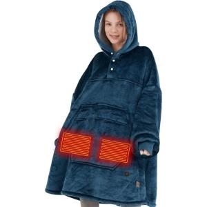 imageDegrees of Comfort Heated Wearable Blanket Cordless Electric Heating Hoodie Warm Sherpa Sweatshirt for Women Navy 38x32Navy