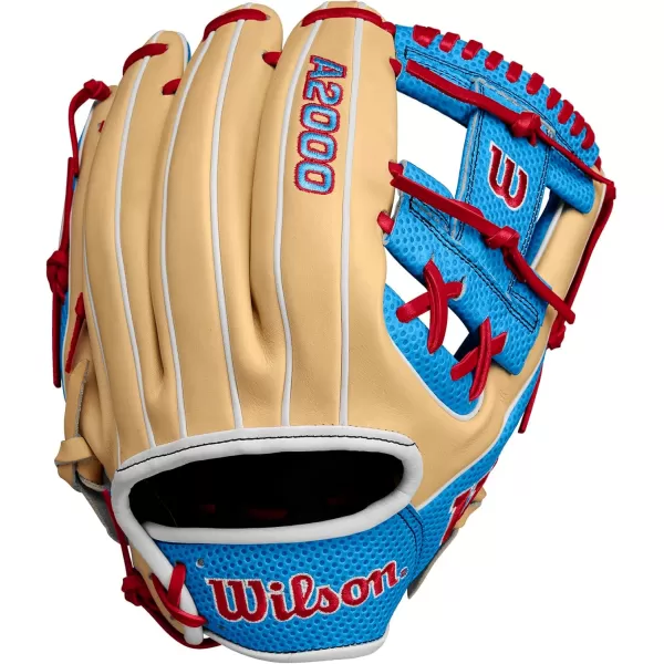 imageWilson 2024 A2000 Infield Baseball Gloves  1125quot 115quot 1175quot and 12quotBlondeTropical BlueXRed