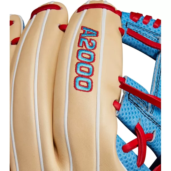 imageWilson 2024 A2000 Infield Baseball Gloves  1125quot 115quot 1175quot and 12quotBlondeTropical BlueXRed