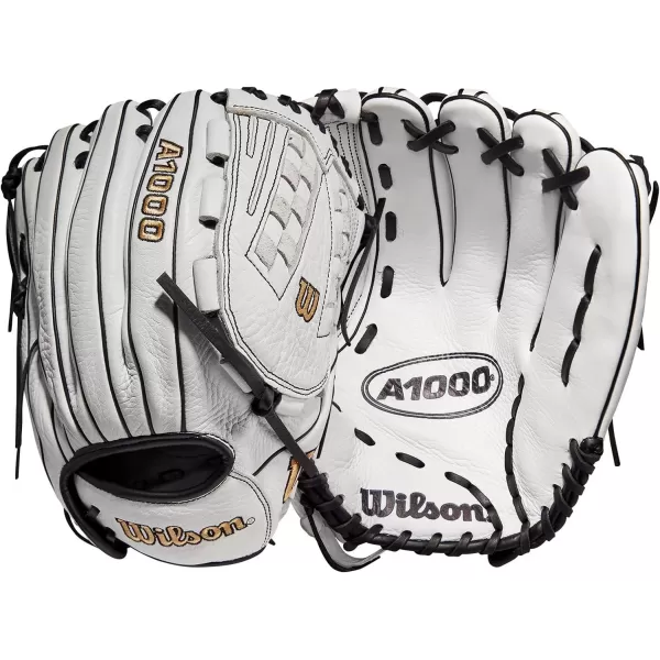 imageWilson 2022 A1000 V125 125quot Fastpitch Outfield Glove  Left Hand Throw BlackWhite Metallic Gold