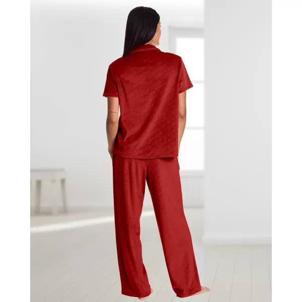 imagebebe Debossed Velour Pajamas for Women Pink or Red Pajama Set Velour Set for Lounge and Sleep Mom Gifts and Ladies GiftsCrimson