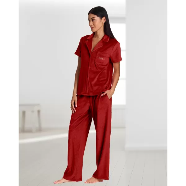 imagebebe Debossed Velour Pajamas for Women Pink or Red Pajama Set Velour Set for Lounge and Sleep Mom Gifts and Ladies GiftsCrimson