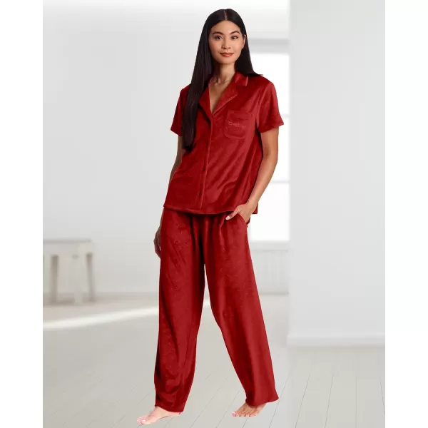 imagebebe Debossed Velour Pajamas for Women Pink or Red Pajama Set Velour Set for Lounge and Sleep Mom Gifts and Ladies GiftsCrimson