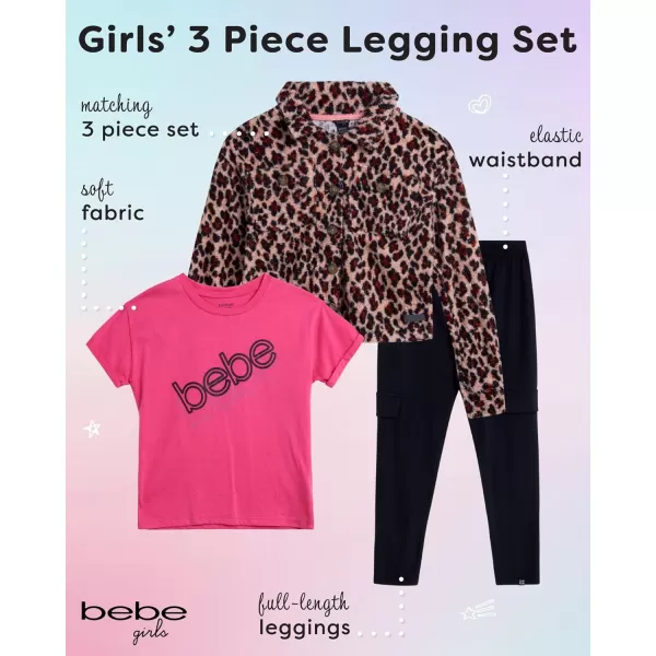 imagebebe Girls Legging Set  3 Piece Poodle Sherpa Shacket TShirt and Yoga Pants 712Hot Pink Animal