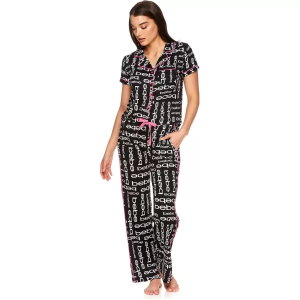 imagebebe Womens 2 Piece Notch Collar Short Sleeve Button Down Shirt and Long Pajama Pants SetBlack 24