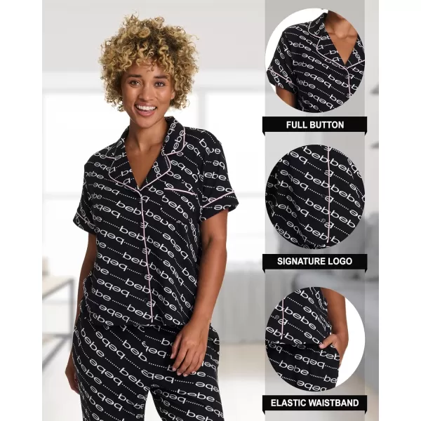 imagebebe Womens 2 Piece Notch Collar Short Sleeve Button Down Shirt and Long Pajama Pants SetBlack Beauty