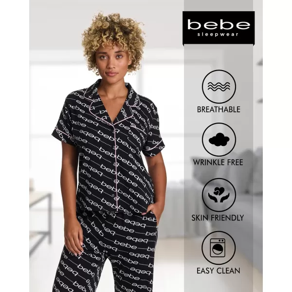 imagebebe Womens 2 Piece Notch Collar Short Sleeve Button Down Shirt and Long Pajama Pants SetBlack Beauty