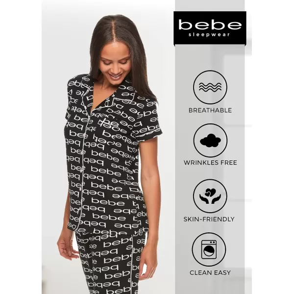 imagebebe Womens 2 Piece Notch Collar Short Sleeve Button Down Shirt and Long Pajama Pants SetBlack Print