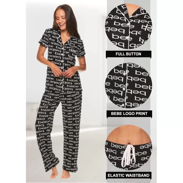 imagebebe Womens 2 Piece Notch Collar Short Sleeve Button Down Shirt and Long Pajama Pants SetBlack Print