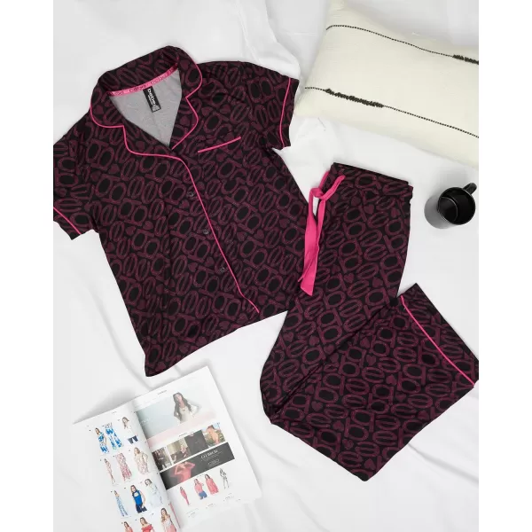 imagebebe Womens 2 Piece Notch Collar Short Sleeve Button Down Shirt and Long Pajama Pants SetBlack3