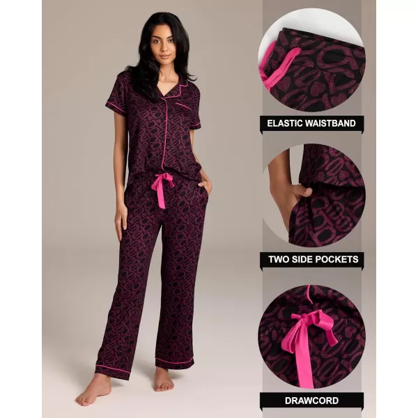 imagebebe Womens 2 Piece Notch Collar Short Sleeve Button Down Shirt and Long Pajama Pants SetBlack3