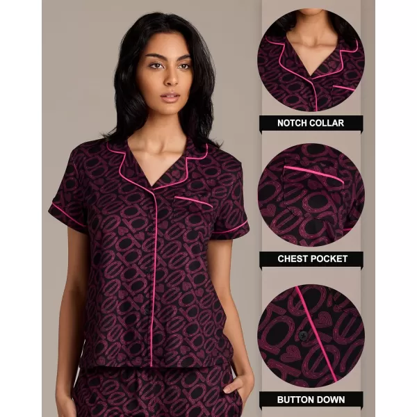 imagebebe Womens 2 Piece Notch Collar Short Sleeve Button Down Shirt and Long Pajama Pants SetBlack3