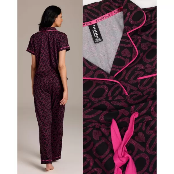 imagebebe Womens 2 Piece Notch Collar Short Sleeve Button Down Shirt and Long Pajama Pants SetBlack3