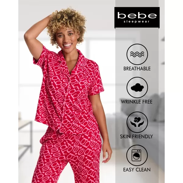 imagebebe Womens 2 Piece Notch Collar Short Sleeve Button Down Shirt and Long Pajama Pants SetCrimson