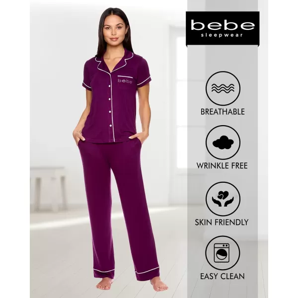 imagebebe Womens 2 Piece Notch Collar Short Sleeve Button Down Shirt and Long Pajama Pants SetDeep Purple