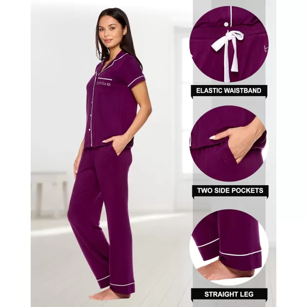 imagebebe Womens 2 Piece Notch Collar Short Sleeve Button Down Shirt and Long Pajama Pants SetDeep Purple