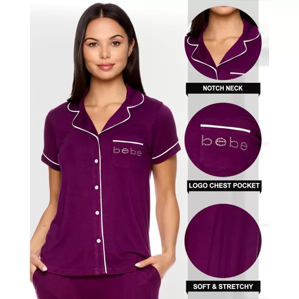 imagebebe Womens 2 Piece Notch Collar Short Sleeve Button Down Shirt and Long Pajama Pants SetDeep Purple