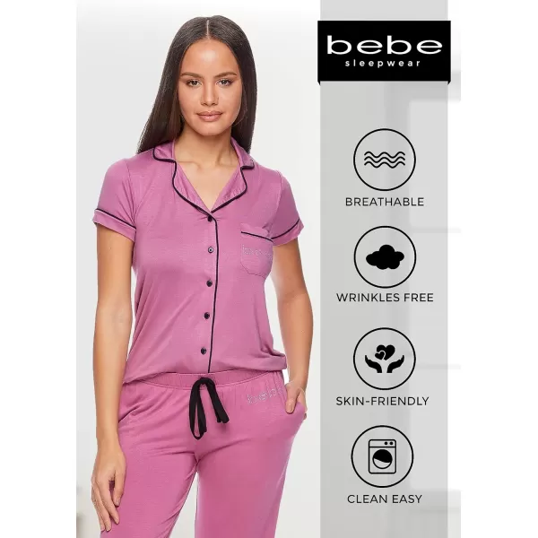 imagebebe Womens 2 Piece Notch Collar Short Sleeve Button Down Shirt and Long Pajama Pants SetMauvepink